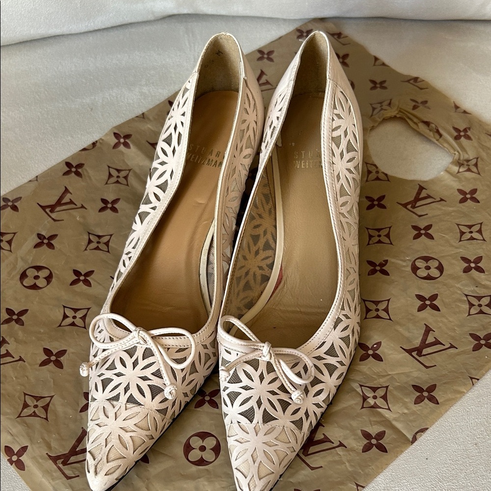 Stuart Weitzman Cream Floral Laser Cut Heels